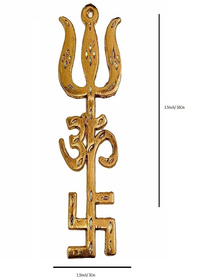 RK Basics Trishakti Yantra Brass Swastik Om Trishul Yantra للجدار المنزلي Trishakti Trishul Yantra Om Swastic Door Work Place Office-Buri Nazar-Buri Drishti- مجموعة من 2 - Image 2
